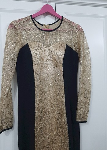 Altın Renkli Uzun Kollu Payetli Abiye Elbise - Görsel 6