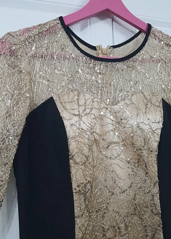 Altın Renkli Uzun Kollu Payetli Abiye Elbise - Görsel 11