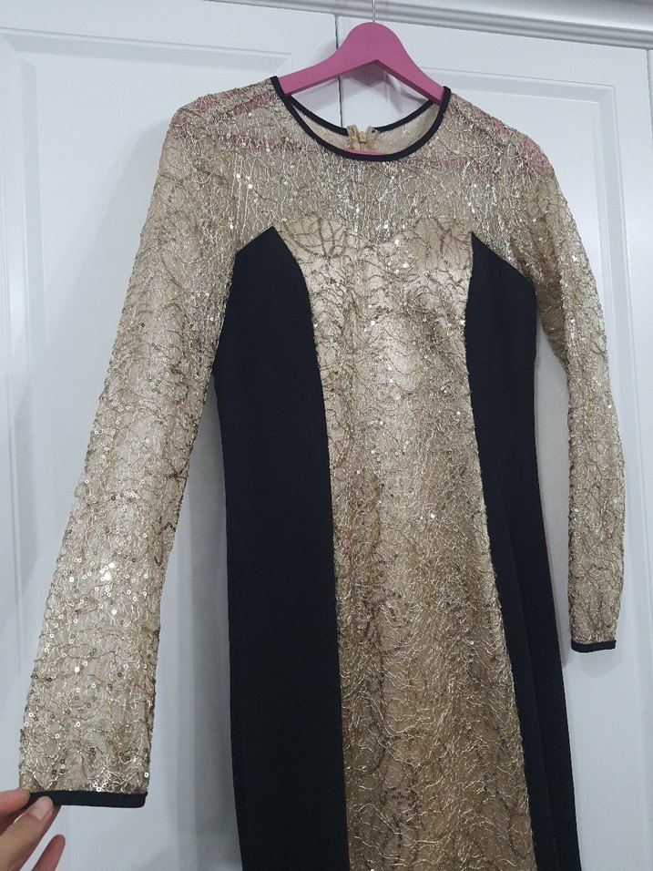 Altın Renkli Uzun Kollu Payetli Abiye Elbise - Görsel 3