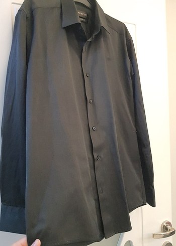 Erkek Siyah Keten parlak kumaş slim Fit Uzun Kollu Gömlek - Görsel 2