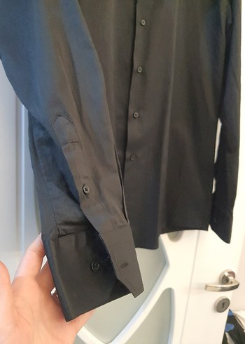 Erkek Siyah Keten parlak kumaş slim Fit Uzun Kollu Gömlek - Görsel 3