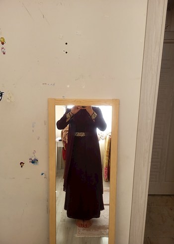 Bordo Uzun Kollu Drapeli Kadın Abiye - Görsel 3