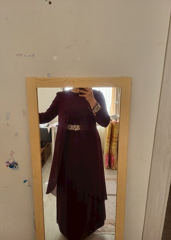 Bordo Uzun Kollu Drapeli Kadın Abiye - Görsel 4