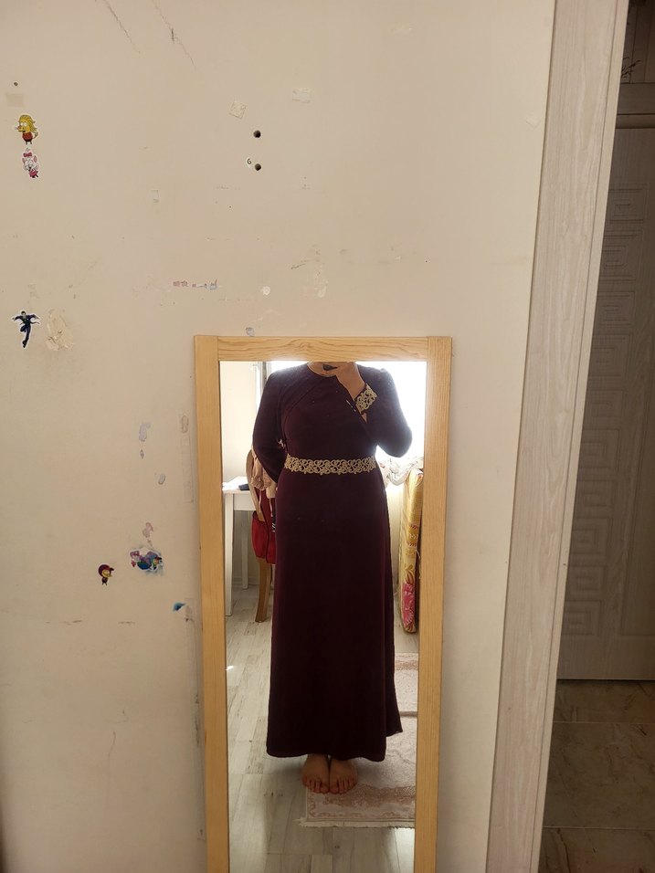 Bordo Uzun Kollu Drapeli Kadın Abiye - Görsel 2