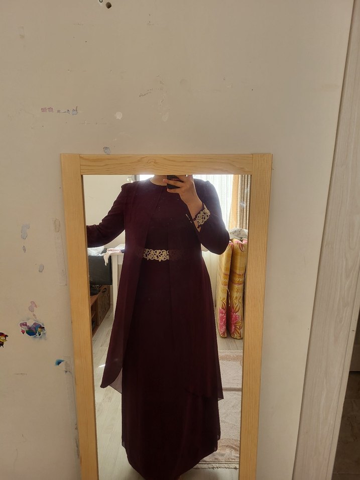 Bordo Uzun Kollu Drapeli Kadın Abiye - Görsel 4