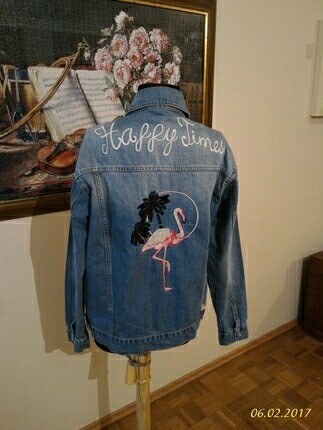 38 Beden mavi Renk flamingo nakışlı kot ceket 