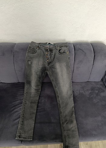 Düğmeli Gri erkek Denim Pantolon - Görsel 2
