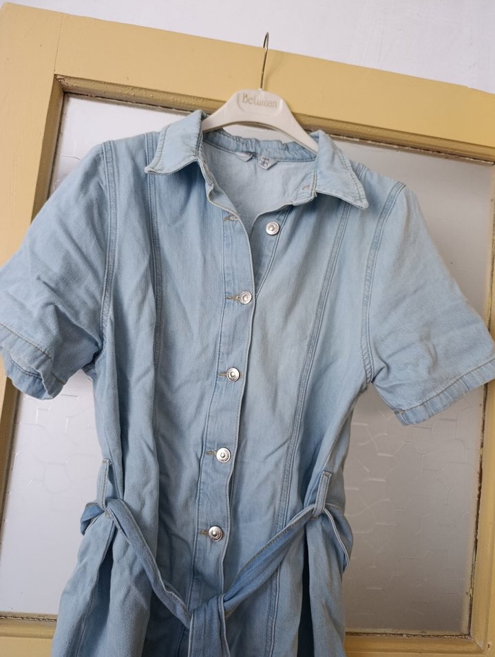 Düğmeli Mavi Denim Kot Elbise - Görsel 2