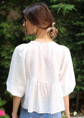 Nakışlı Balon Kollu Beyaz Bluz - Görsel 4