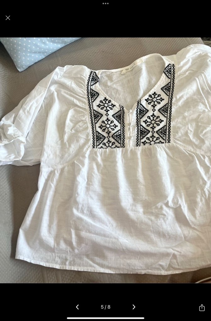 Nakışlı Balon Kollu Beyaz Bluz - Görsel 5