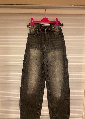 Gri Bağcıklı Bol Kesim Midi Denim Pantolon