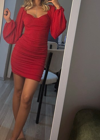 Parlak Kırmızı V Yaka Mini Elbise - Görsel 3