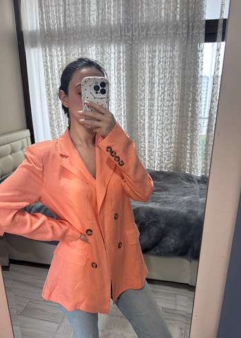 Turuncu Düğmeli Kadın Midi Blazer Ceket - Görsel 2