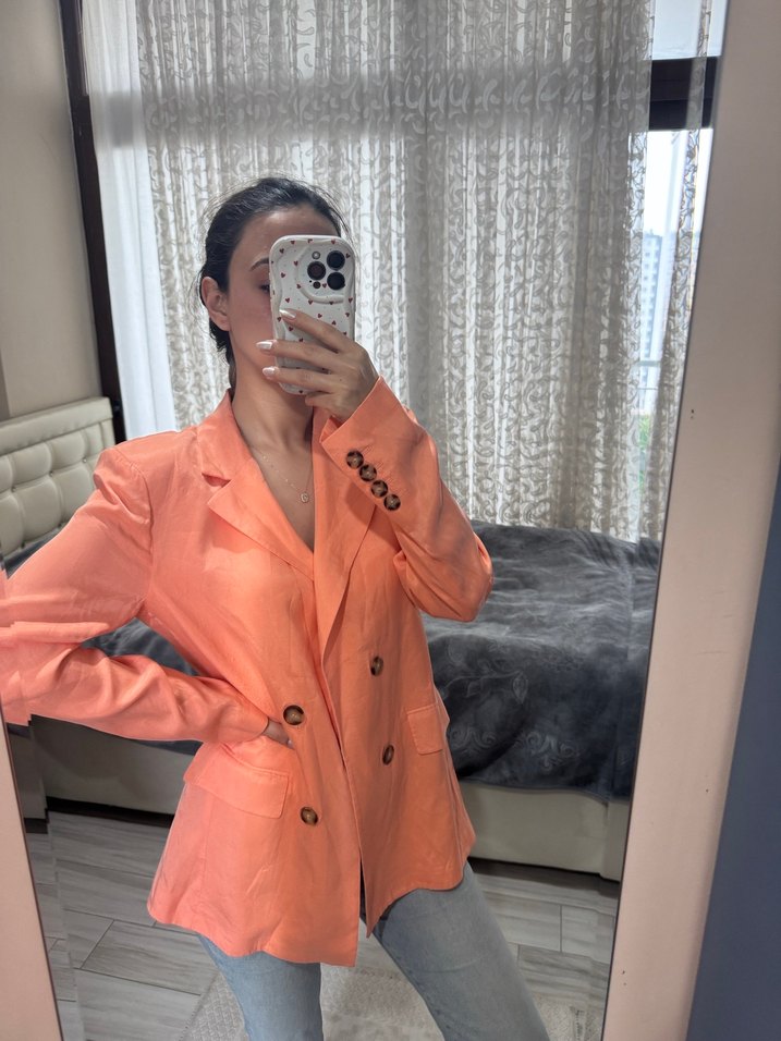 Turuncu Düğmeli Kadın Midi Blazer Ceket - Görsel 2