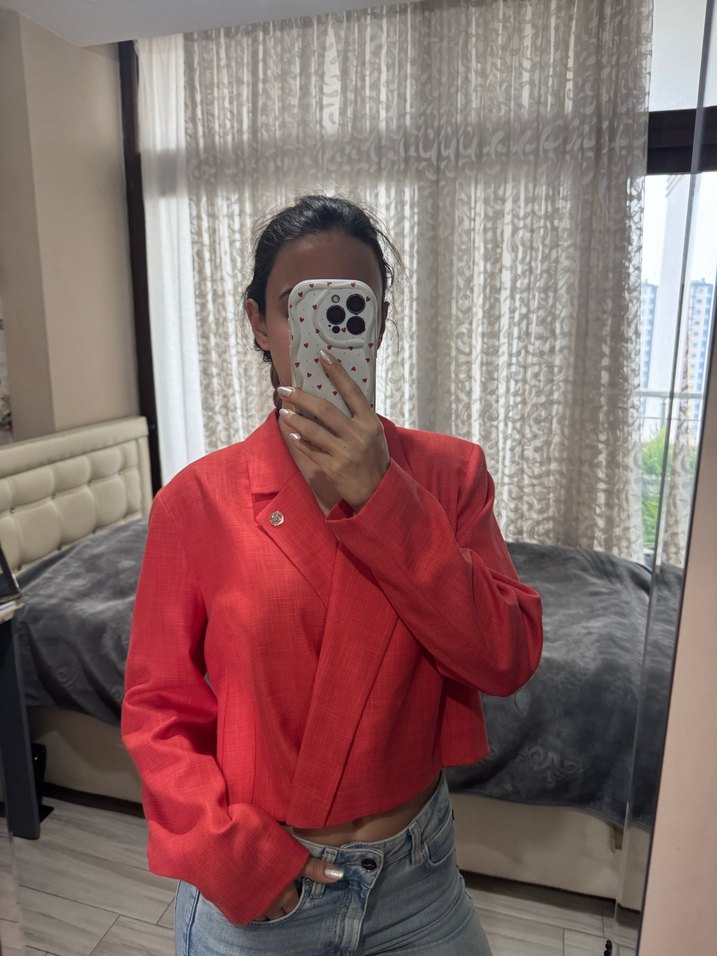 Kadın Kırmızı Düğmeli Mini Blazer - Görsel 2