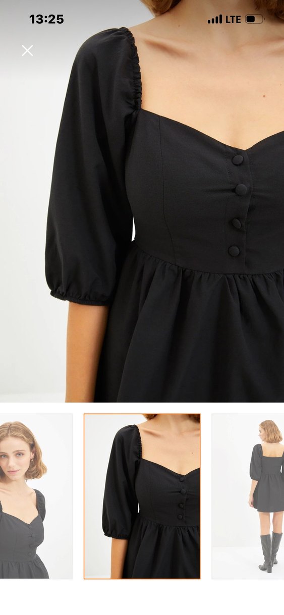 Düğmeli V Yakalı Siyah Midi Elbise - Görsel 2