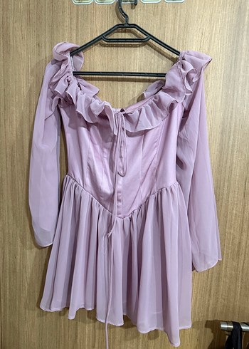 xs Beden Pudra Pembe Midi Straplez Volanlı Elbise