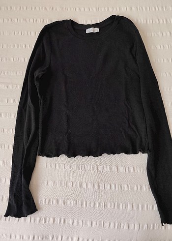 Uzun Kollu Siyah Kadın Crop bluz XL