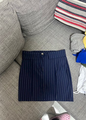 Çizgili Pilili Mavi Mini Etek - Görsel 2