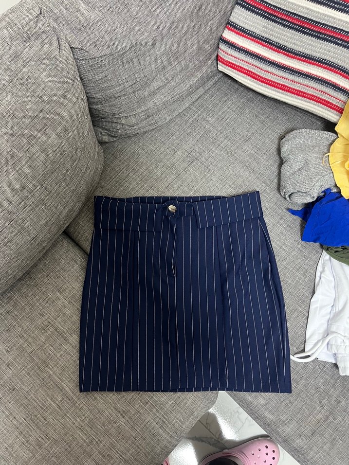 Çizgili Pilili Mavi Mini Etek - Görsel 2