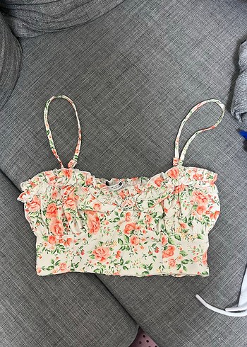 Çiçek Desenli Straplez Crop Top - Görsel 2