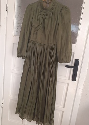 Kadın Haki Uzun Piliseli Keten Elbise - Görsel 3
