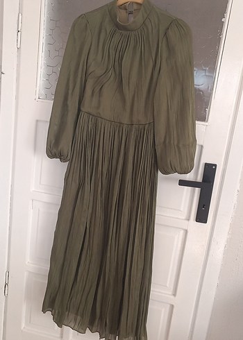 Kadın Haki Uzun Piliseli Keten Elbise - Görsel 2