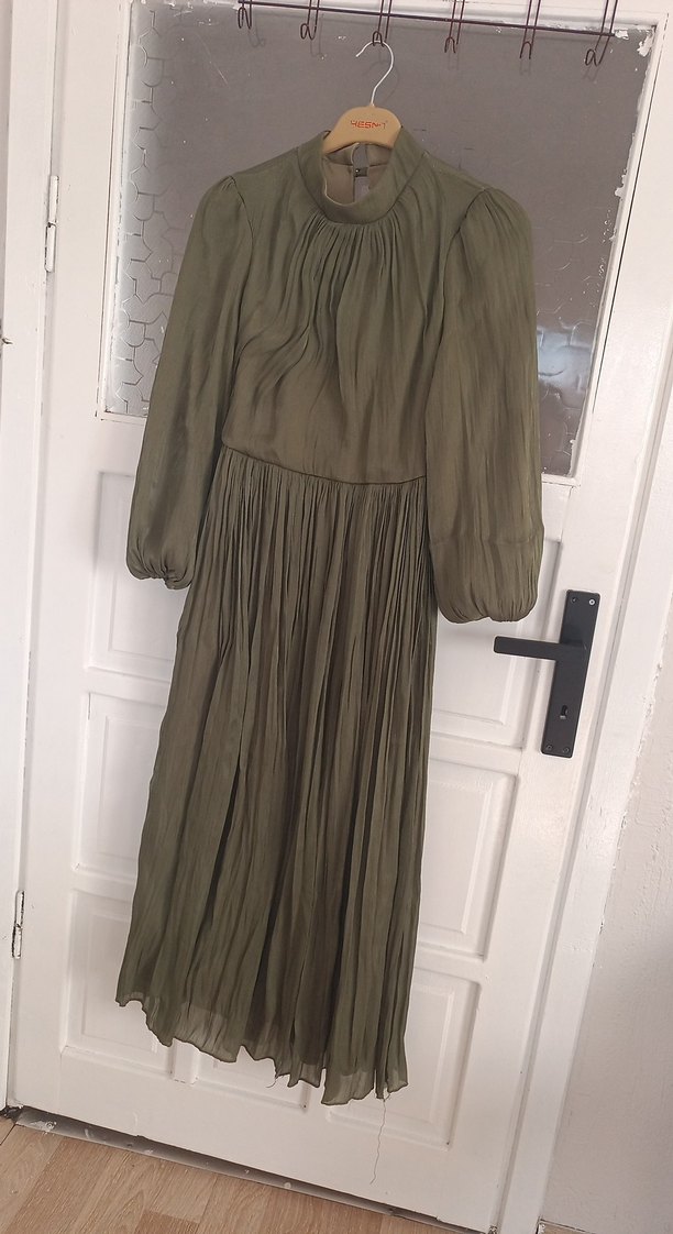 Kadın Haki Uzun Piliseli Keten Elbise - Görsel 3