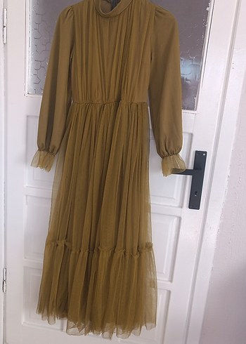 Bej Pilili Uzun Kollu Bohem Elbise - Görsel 3