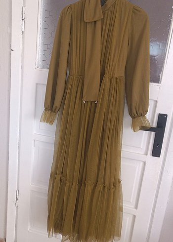 Bej Pilili Uzun Kollu Bohem Elbise - Görsel 4