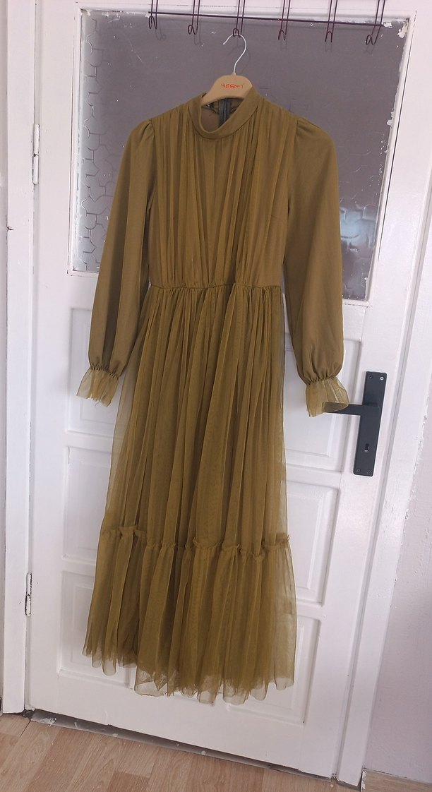 Bej Pilili Uzun Kollu Bohem Elbise - Görsel 2