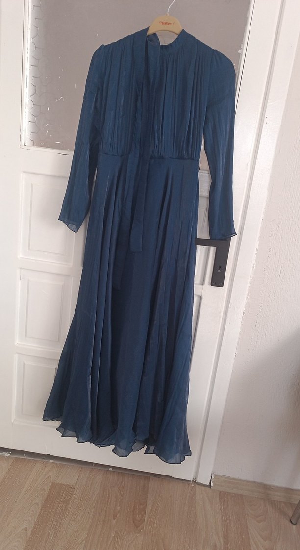 Lacivert Pilili Uzun Keten Elbise - Görsel 2