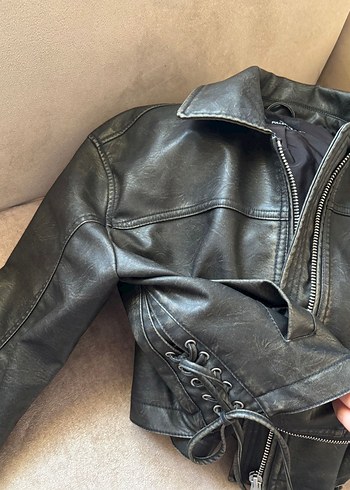 m Beden Kahverengi Deri Biker Ceket