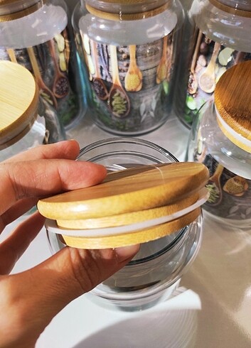 Diğer Yeni 3 Adet 500 ml.Gerçek Bambu Kapak Cam Kavanoz