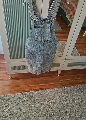 Gri Batik Desenli Kemerli Denim Midi Tulum - Görsel 2