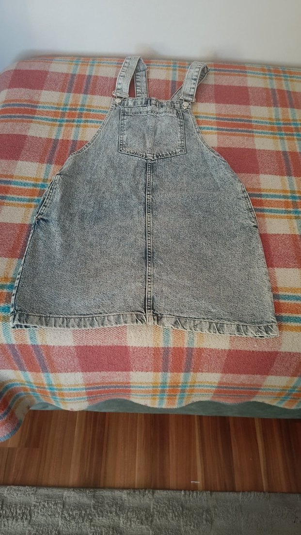 Gri Batik Desenli Kemerli Denim Midi Tulum - Görsel 4