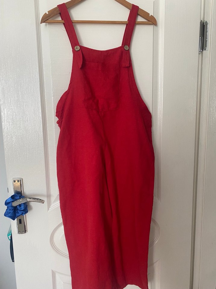 Kırmızı Keten Hamile Tulum V Yakalı - Görsel 2