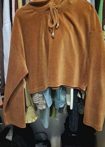 xl Beden kahverengi Renk Kadın Kahverengi Süet Yüksek Yakalı Salaş Sweatshirt