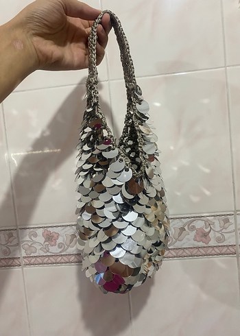 Gri Payetli Metal Bohem Çanta - Görsel 2