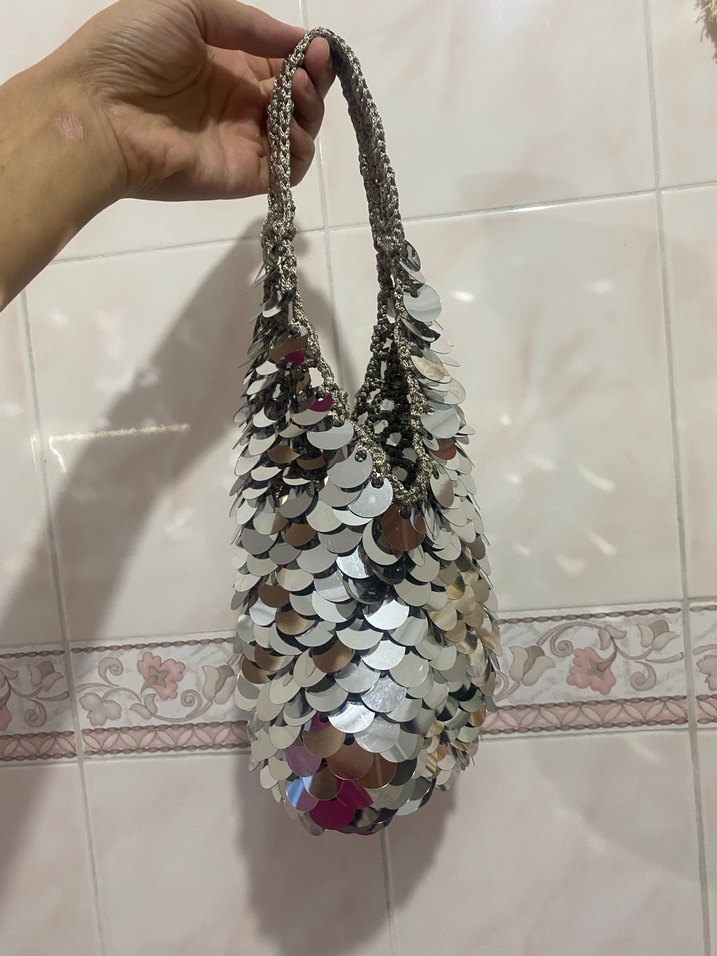 Gri Payetli Metal Bohem Çanta - Görsel 2