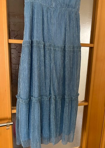 Mavi Parlak Pilili Uzun Askılı Elbise 36 - Görsel 5