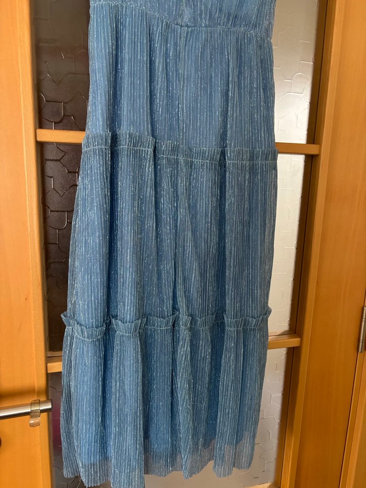 Mavi Parlak Pilili Uzun Askılı Elbise 36 - Görsel 5