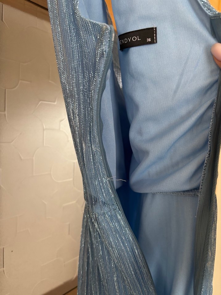 Mavi Parlak Pilili Uzun Askılı Elbise 36 - Görsel 3