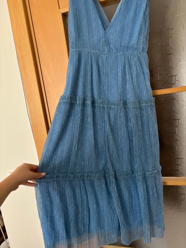 Mavi Parlak Pilili Uzun Askılı Elbise 36 - Görsel 4