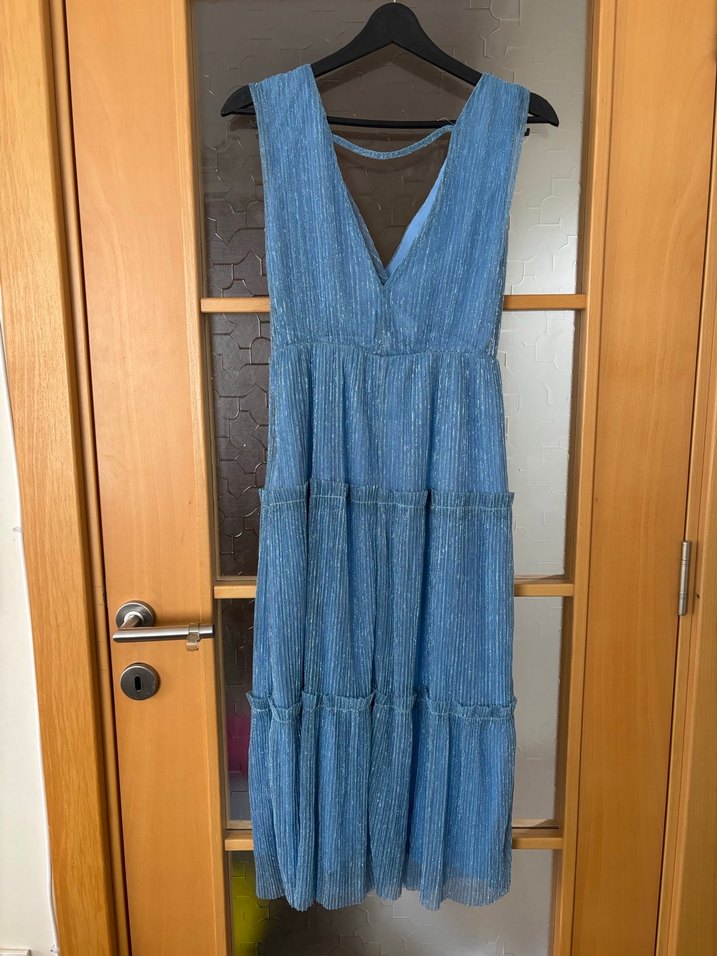 Mavi Parlak Pilili Uzun Askılı Elbise 36 - Görsel 2