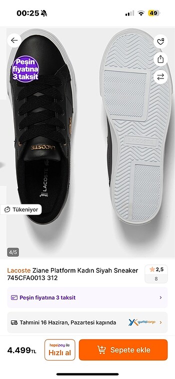 38 Beden siyah Renk Lacoste ayakkabı