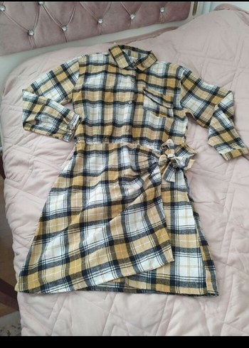 DeFacto Uzun Kollu Sarı Kareli Kemerli Kız Elbisesi - Görsel 2