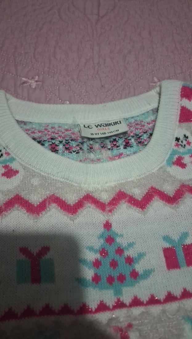 Pembe Desenli Kadın Örgü Kazak - Görsel 2