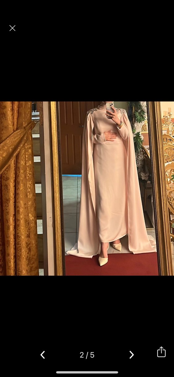 Bej Uzun Kollu Drapeli Kadın Abiye Elbise - Görsel 2