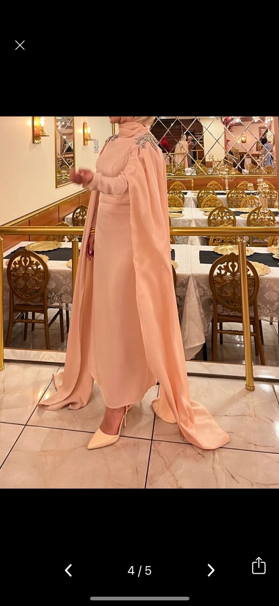 Bej Uzun Kollu Drapeli Kadın Abiye Elbise - Görsel 4